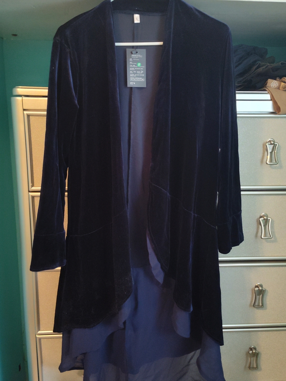 Velvet Open-Front Cardigan in Navy with Chiffon Hem